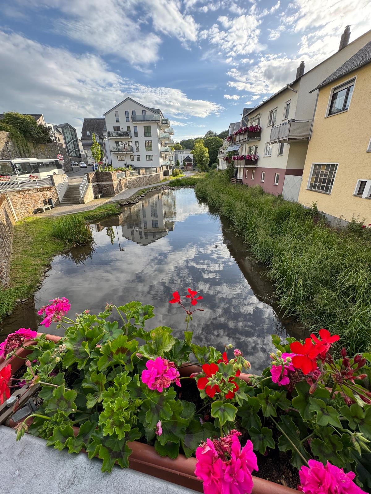 Simmerbach mit Brücke im Hintergrund